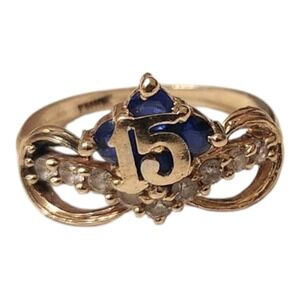 Vintage 15 Anos Quinceanera Ring 10K Gold Sapphire & Crystal Accent Sweet 15 6.5